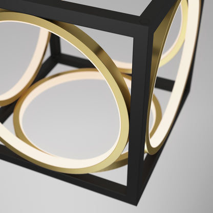 The Artika Astoria LED modern pendant light features a black square frame with intersecting gold circular LED rings, shown against a plain light gray background.