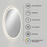 An oval LED mirror with touch controls is mounted on a wall. Features listed beside it include: LED integrated, dimmable, 50,000 hours lifespan, 1250 lumens, defogger, and selectable white technology.