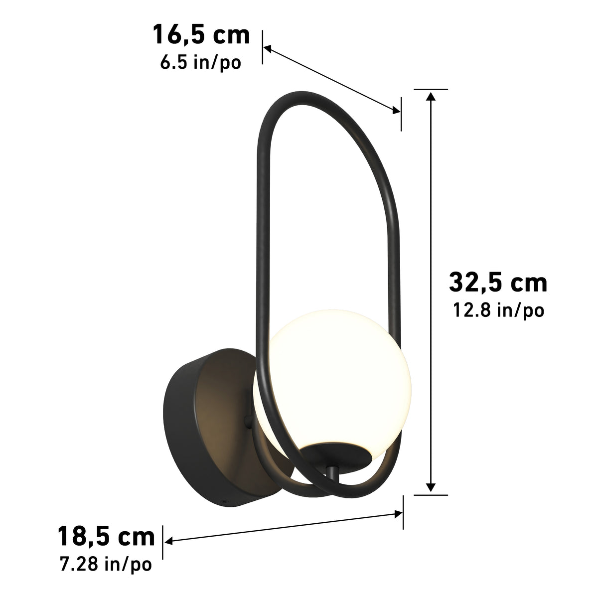 Artikas Bloom LED Sconce 3 CCT is a wall-mounted light with a round white globe and black frame, measuring 16.5 cm (6.5), 18.5 cm (7.2), and 32.5 cm (12.8)—dimensions labeled in both centimeters and inches.