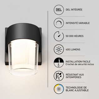 The Artika Halden indoor-outdoor LED wall light 5 CCT is a black fixture with a glass shade, adjustable brightness, and a 50,000-hour lifespan.