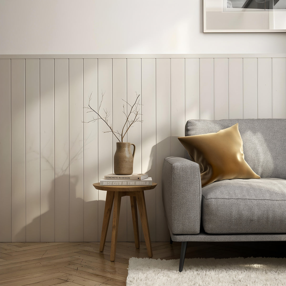 An Artika AXEN Shilap MDF wall, a small wood table with a vase and books, plus a gray sofa with a gold pillow on a light rug.