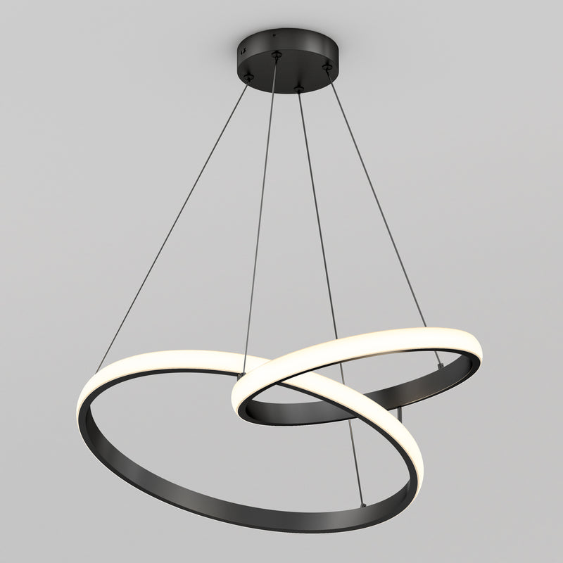 Artika Mora 28″ LED Pendant, 5CCT: Two interlocking black rings, one lit, four wires from a round black base.