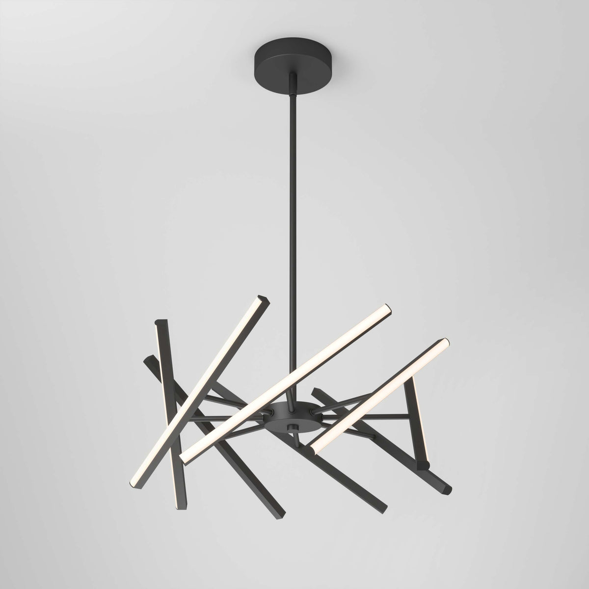 The Artika Malibu LED pendant light 3 CCT features a matte black rod and base with intersecting linear LED bars in an abstract geometric pattern, offering contemporary style and versatile lighting.