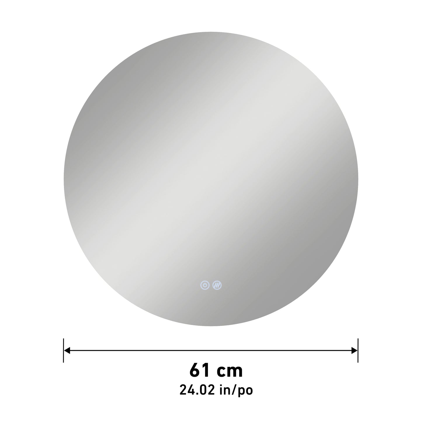 The Artika-CAN-dev Raya 24 in. LED mirror with defogger is shown, featuring measurement arrows for its 61 cm diameter and two touch sensor icons near the bottom center.