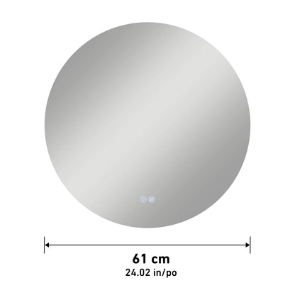 The Artika-CAN-dev Raya 24 in. LED mirror with defogger is shown, featuring measurement arrows for its 61 cm diameter and two touch sensor icons near the bottom center.