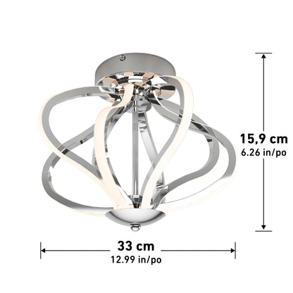 The Artika Meridian LED flush mount light features curved chrome arms and integrated LED strips. It has a height of 15.9 cm (6.26 in) and a diameter of 33 cm (12.99 in).