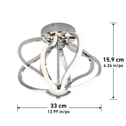 The Artika Meridian LED flush mount light features a modern curved chrome design with integrated LEDs, measuring 15.9 cm (6.26 in) high and 33 cm (12.99 in) wide.