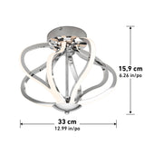 Modern ceiling light fixture with curved metal arms and integrated LED lights, shown with dimensions: 15.9 cm (6.26 in) tall and 33 cm (12.99 in) wide. The fixture has a polished chrome finish.