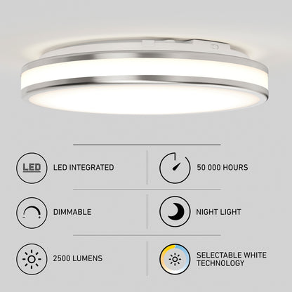 The Artika Hemisphere 15 in. LED flush mount light offers 5 CCT selectable white technology, up to 2500 lumens, dimmable adjustable brightness, night light mode, integrated LED with 50,000-hour lifespan—ideal for bathroom ceilings.