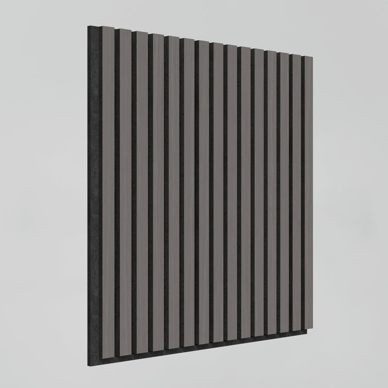 The Artika Sonolok 15.5 ft sound-absorbing wall panel kit features evenly spaced vertical black and gray slats on a light gray background.