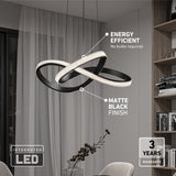 Modern black LED chandelier with an intertwined loop design hangs in a contemporary living room. Text highlights “Energy Efficient—No bulbs required,” “Matte Black Finish,” and “3 Years Warranty.”.