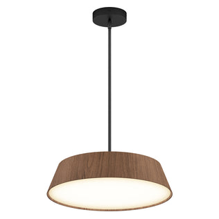 The Artika Dunham LED Pendant 5 CCT features a black ceiling mount, black cord, and a wide cylindrical wooden shade with a glowing white diffuser at the bottom for modern style.