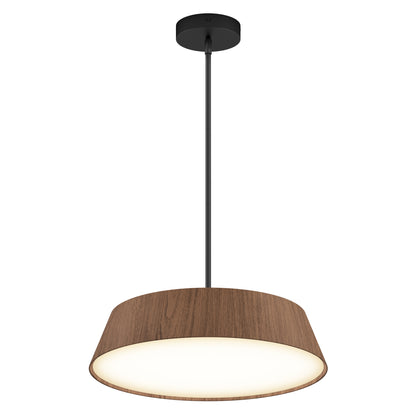 The Artika Dunham LED Pendant 5 CCT features a black ceiling mount, black cord, and a wide cylindrical wooden shade with a glowing white diffuser at the bottom for modern style.