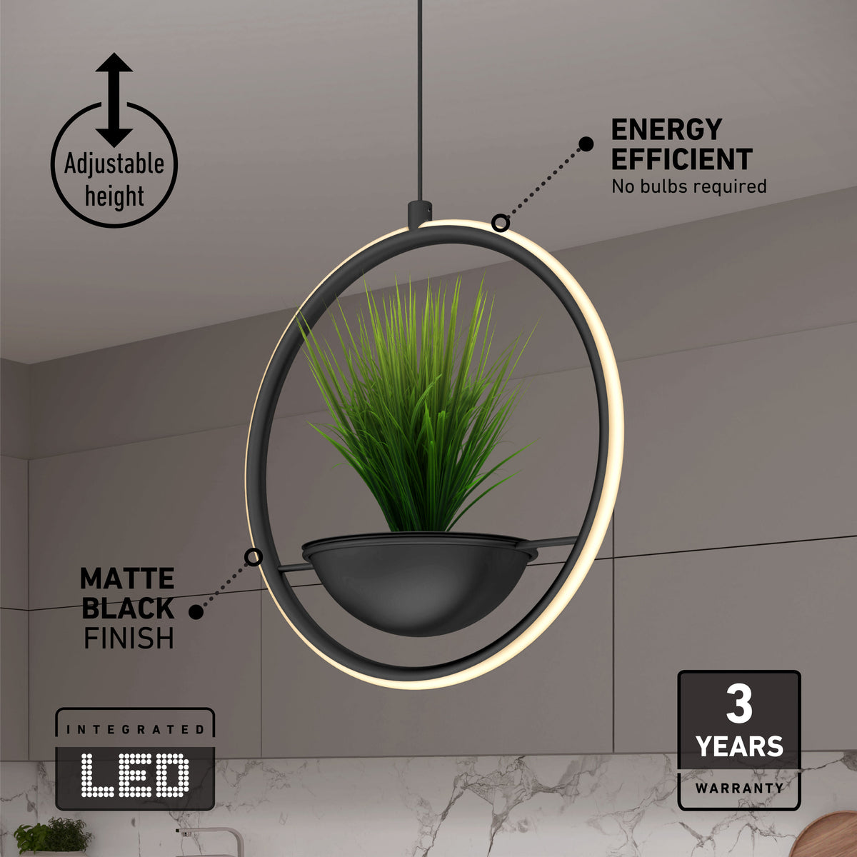 A modern pendant light with a circular LED frame and a hanging plant in the center, featuring matte black finish, adjustable height, energy efficiency, and a 3-year warranty. Marble wall background.