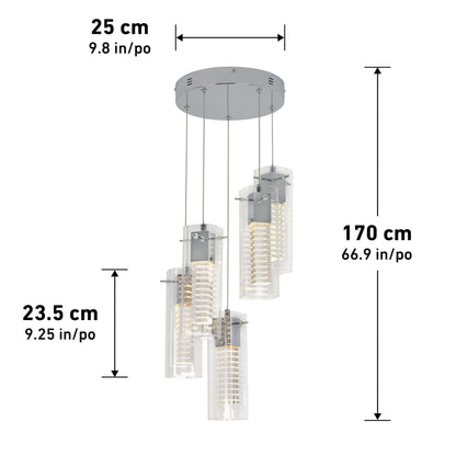 The Artika Hologram 5-light LED pendant features five cylindrical glass shades suspended at varying heights from a round ceiling mount, measuring 25 cm wide, 23.5 cm shade height, and a total drop of 170 cm.