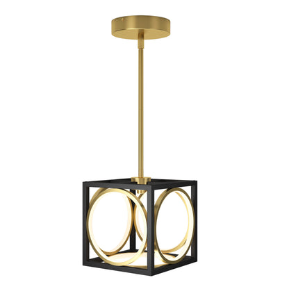 The Astoria LED modern pendant light by Artika features a gold rod and canopy, plus a geometric black frame with intersecting gold rings inside for a stylish, contemporary look.