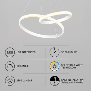 The Artika Mora 28" LED Pendant (5CCT) features modern overlapping rings, 50,000-hour integrated LEDs, dimmable selectable white technology, 2900 lumens brightness, and easy installation with a safety hook.
