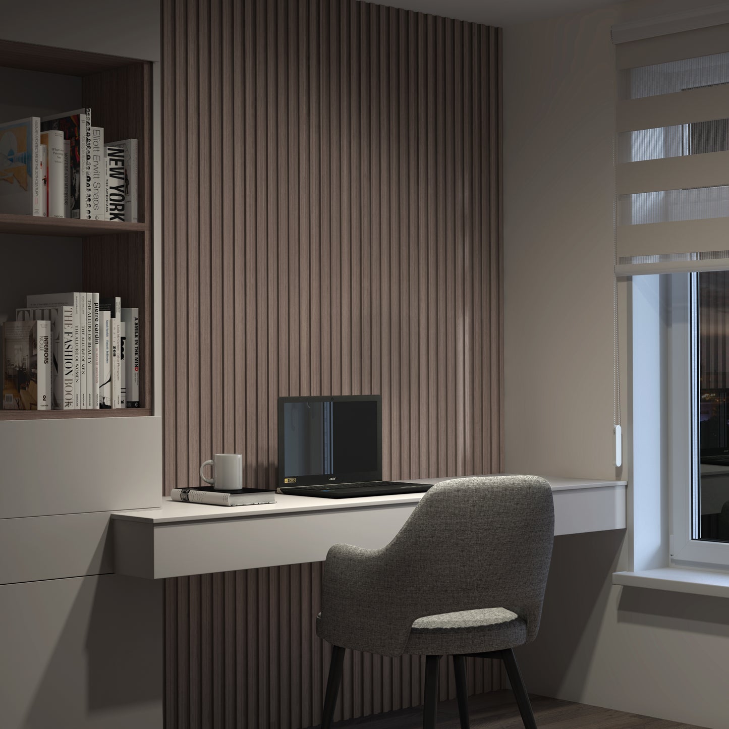 A modern home office with a gray upholstered chair at a white desk, featuring Artikas Panolok 30.67 ft wall panel kit (pack of 8) on the wall, plus a closed laptop, mug, and books by a window with striped blinds.