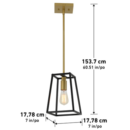The Artika Carter 1-light pendant features a geometric black metal frame, gold socket, and exposed bulb. Its frame measures 17.78 cm (7 in) wide and deep; total height from ceiling to bulb tip is 153.7 cm (60.51 in).