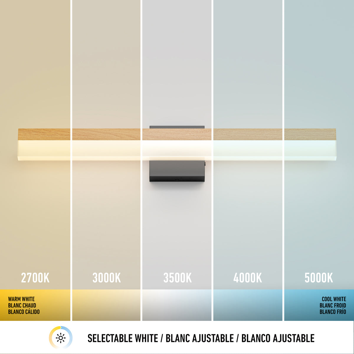 Wall-mounted light fixture emitting different shades of white light, ranging from warm (2700K, left) to cool (5000K, right). The light is divided into five vertical sections labeled with their color temperatures.