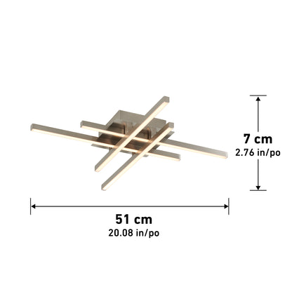 The Artika Grid LED flush mount is a modern ceiling light featuring intersecting linear bars on a square base, measuring 7 cm (2.76 in) tall and 51 cm (20.08 in) wide.