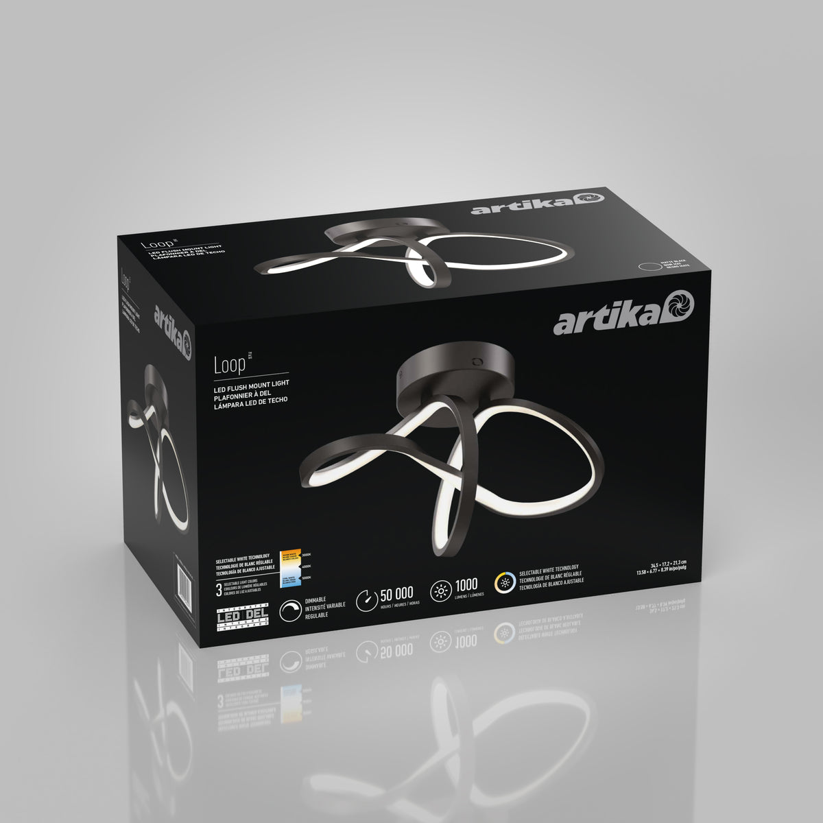 A black box for the Artika Loop LED flush mount light. The box features an image of the curvy, modern LED ceiling light and highlights features like 50,000-hour lifespan, 1000 lumens, and 3-year warranty.