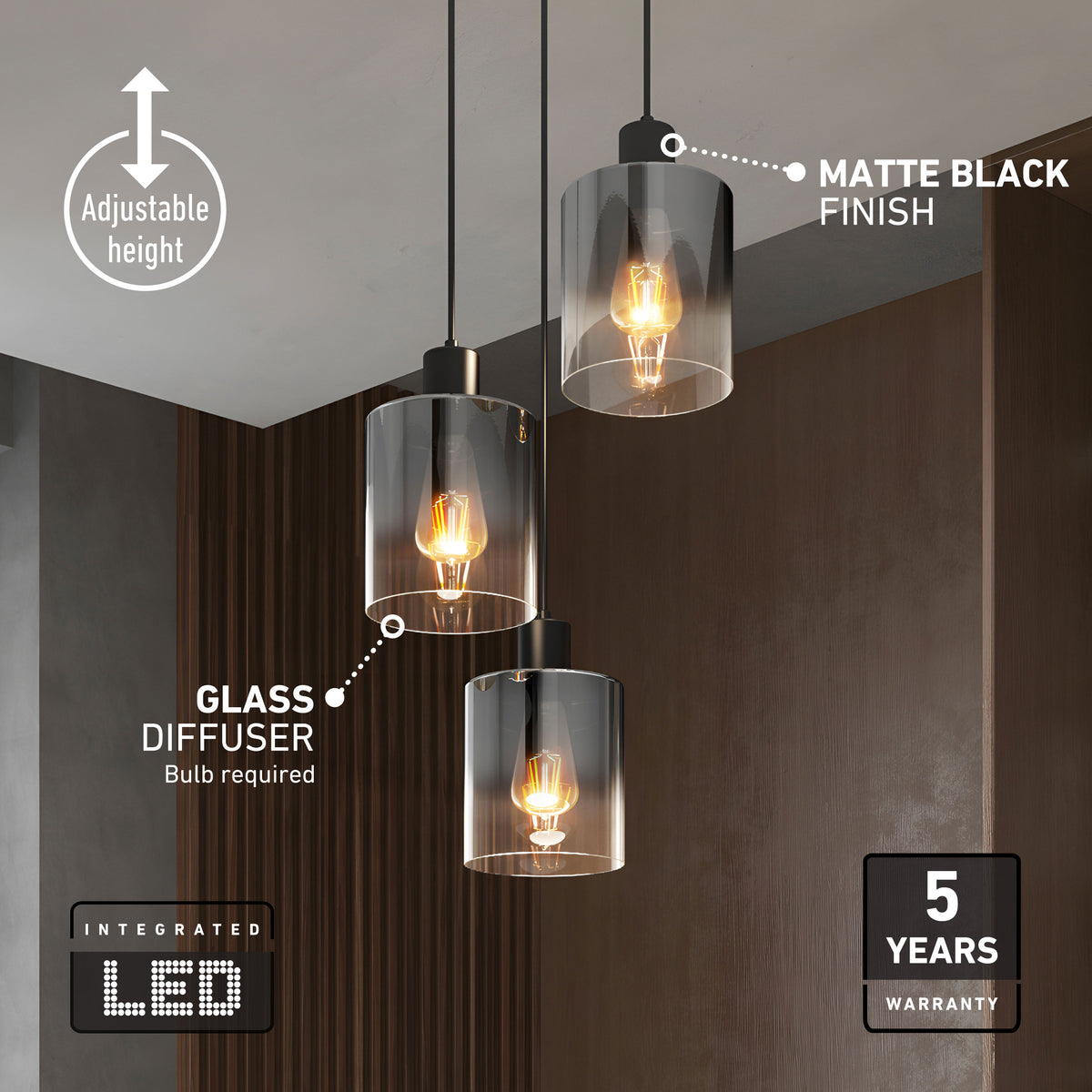 Artika’s Haze modern 3-light pendant features glass diffusers, matte black finish, and adjustable height—perfect for kitchen islands.
