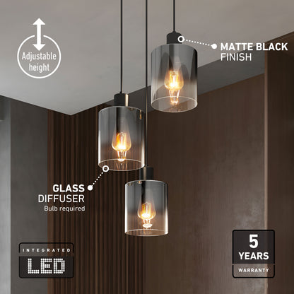 Artika’s Haze modern 3-light pendant features glass diffusers, matte black finish, and adjustable height—perfect for kitchen islands.