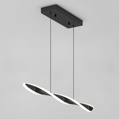 The Artika Finley Linear LED pendant light 3 CCT features a modern twisted wave-shaped fixture, black rectangular ceiling mount, and two slim cords, creating a sleek look against a plain white background.