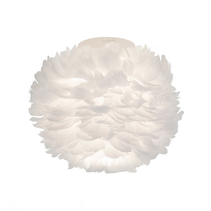 The Artika Plume LED flush mount light features a spherical white design with a fluffy, feather-like texture that softly glows from within.