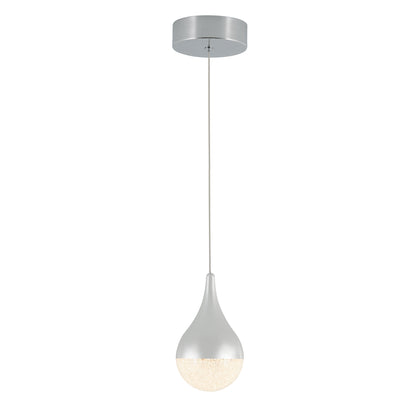 The Artika Glitzer LED pendant light features a modern silver teardrop design with a textured, frosted lower half that diffuses light, suspended elegantly from the ceiling by a thin cord.