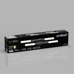 Artika Boro 27-in 2-Light Modern LED vanity light box with specs and product image on a gray background.