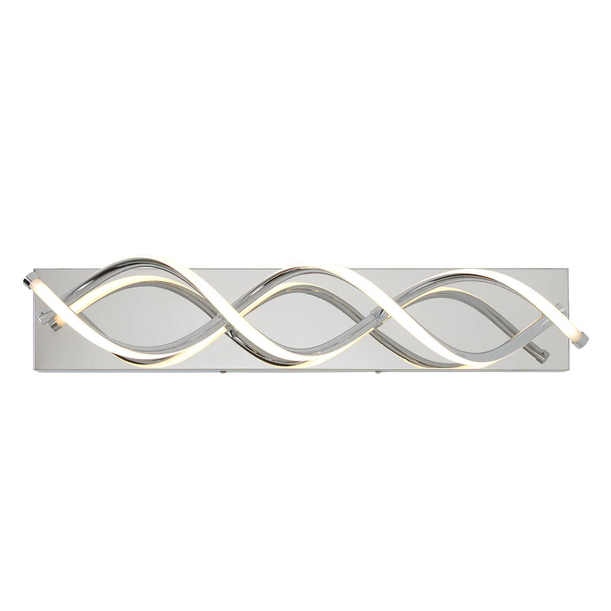 A modern wall light fixture with two intertwined, wave-like LED strips mounted on a rectangular metallic base. The design is sleek and minimalistic, featuring a polished chrome finish.