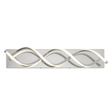 A modern wall light fixture with two intertwined, wave-like LED strips mounted on a rectangular metallic base. The design is sleek and minimalistic, featuring a polished chrome finish.