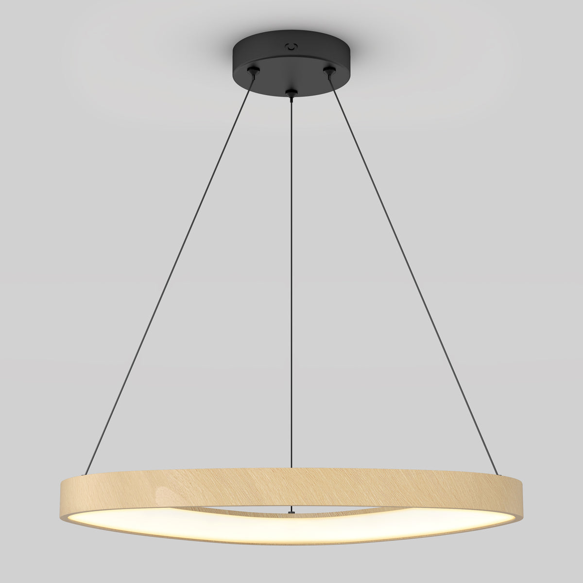 The Artika Bjorn modern LED pendant light 5 CCT features a circular wooden frame suspended by three black cables, casting a soft, even glow against a plain gray background.