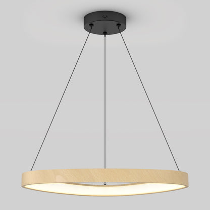 The Artika Bjorn modern LED pendant light 5 CCT features a circular wooden frame suspended by three black cables, casting a soft, even glow against a plain gray background.