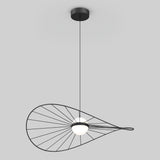 A modern pendant light with a black cord, circular ceiling mount, round white bulb, and a sculptural wire frame resembling a stylized leaf or wing, suspended against a light gray background.