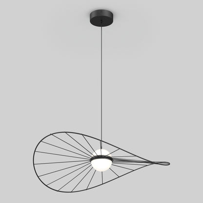The Artika Tolena LED pendant light 3 CCT features a black circular ceiling mount, slim black cord, and an abstract fan-shaped wire frame encasing a round white bulb, all set against a plain gray background.