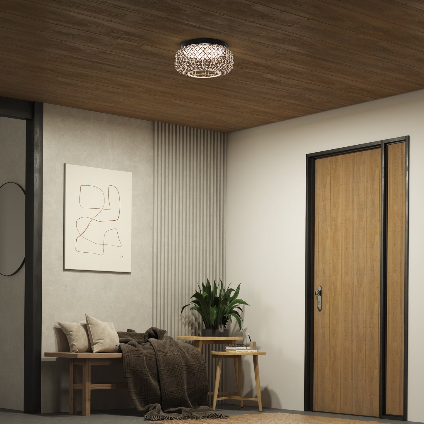 A modern entryway features a wooden ceiling, Artikas Benson 15 in. LED flush mount light, a wooden door, bench with blankets, potted plant on a table, and minimalist abstract wall art.