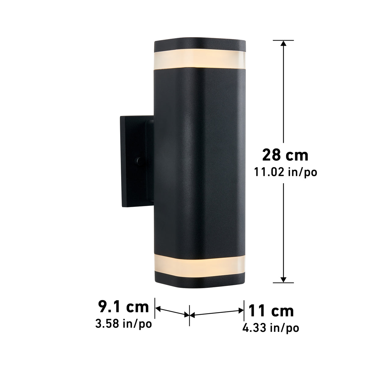 A black wall-mounted cylindrical light fixture with frosted bands at the top and bottom; dimensions shown are 28 cm (11.02 in) tall, 9.1 cm (3.58 in) deep, and 11 cm (4.33 in) wide.