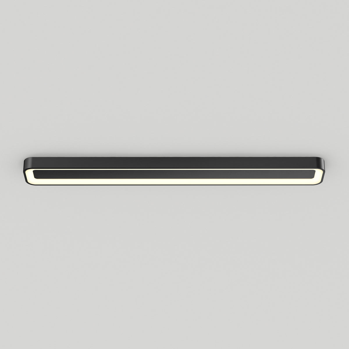 The Artika Aiden 48 in. LED modern flush mount light features a rectangular black frame and glowing white edge, mounted on a plain light gray ceiling, and offers 5 selectable color temperatures.
