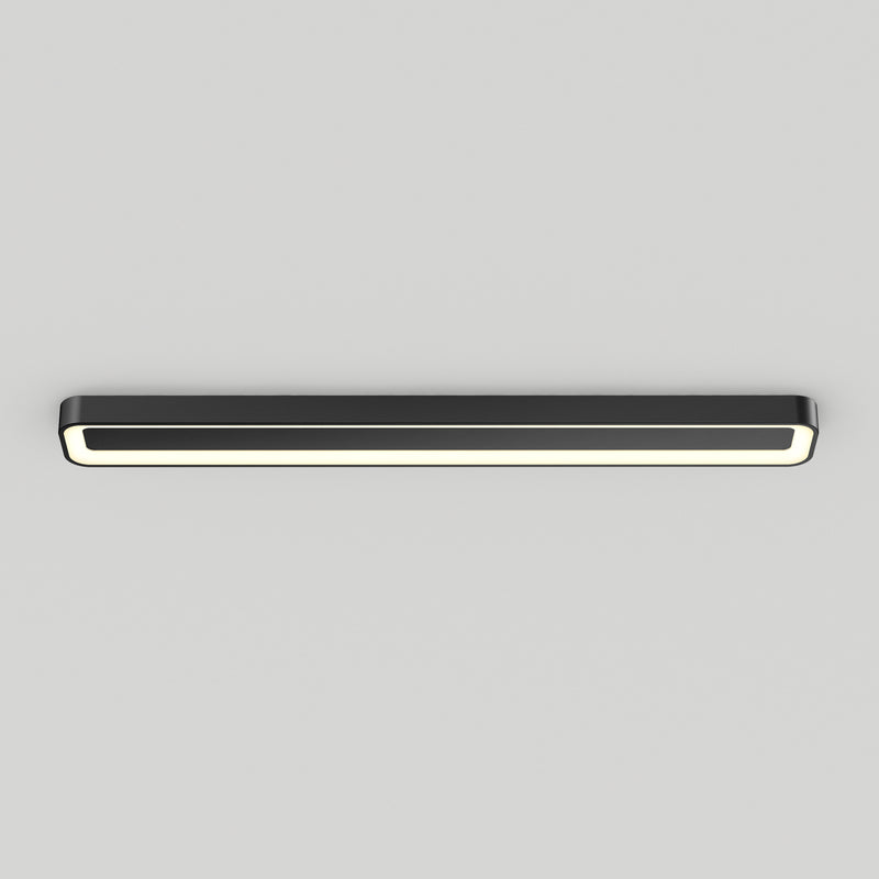 The Artika Aiden 48 in. LED modern flush mount light features a rectangular black frame and glowing white edge, mounted on a plain light gray ceiling, and offers 5 selectable color temperatures.