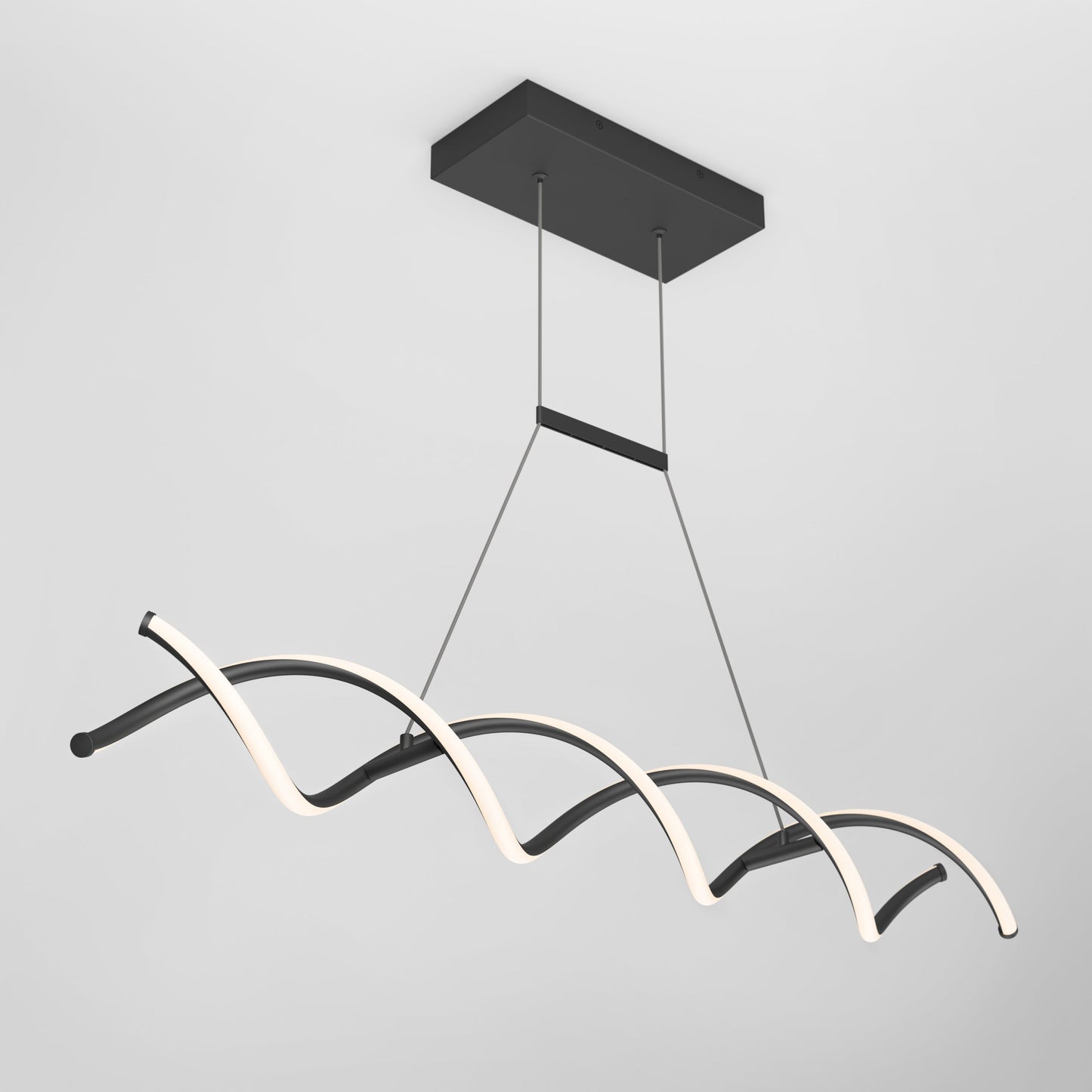 The DNA Linear LED modern pendant light by Artika-CAN-dev features a rectangular matte black base and two curved, spiraling integrated LEDs suspended by thin cables against a plain white ceiling.