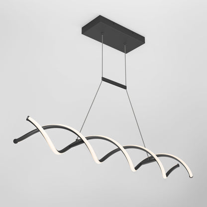The DNA Linear LED modern pendant light by Artika-CAN-dev features a rectangular matte black base and two curved, spiraling integrated LEDs suspended by thin cables against a plain white ceiling.