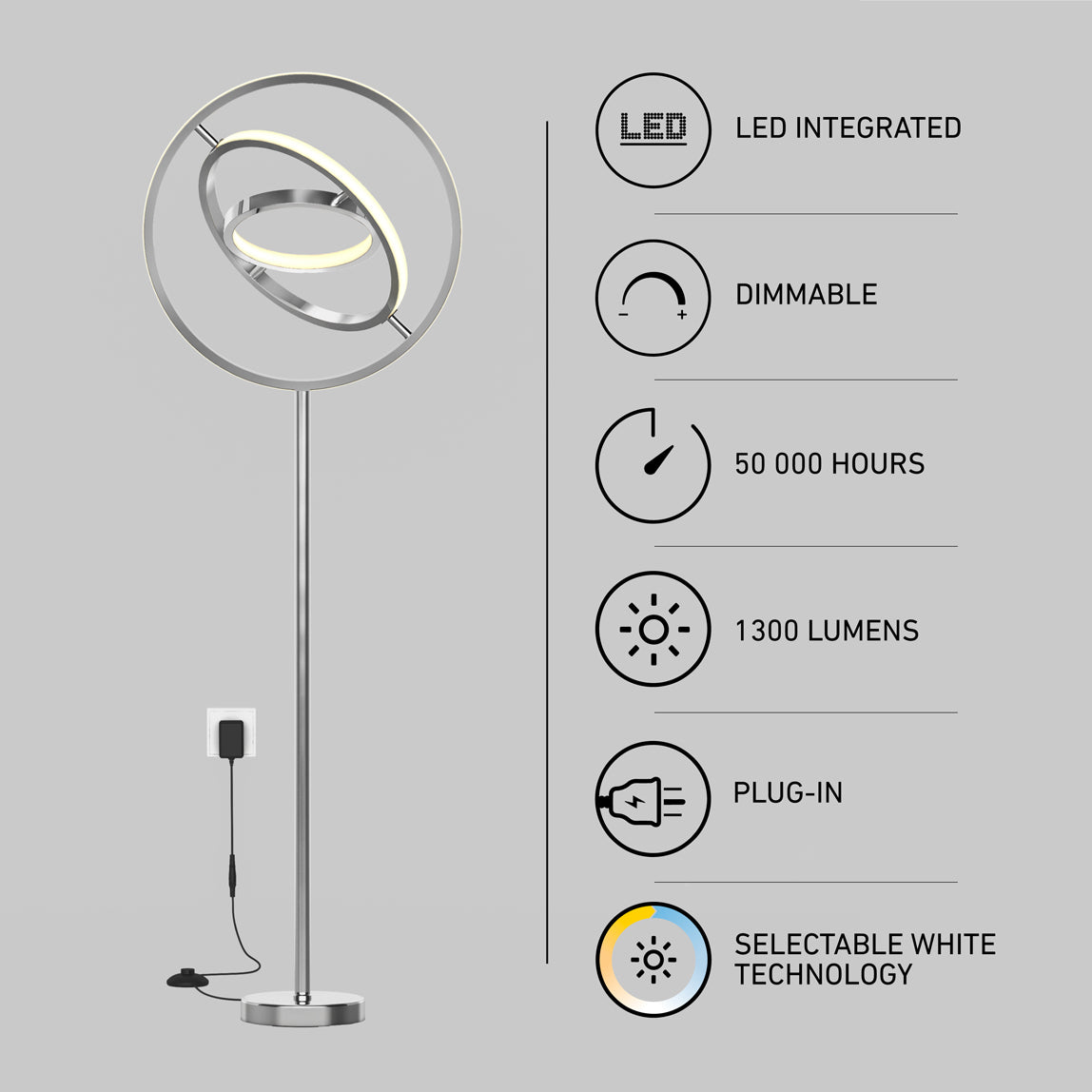 Modern floor lamp with circular LED design, shown plugged in. Infographic highlights its features: LED integrated, dimmable, 50,000-hour lifespan, 1300 lumens, plug-in, and selectable white technology.