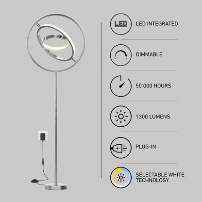 The Artika Pivot modern LED floor lamp 3 CCT features a circular LED light, metal stand, and icons for LED integrated, dimmable, 50,000 hours lifespan, 1,300 lumens, plug-in use, and selectable white technology.