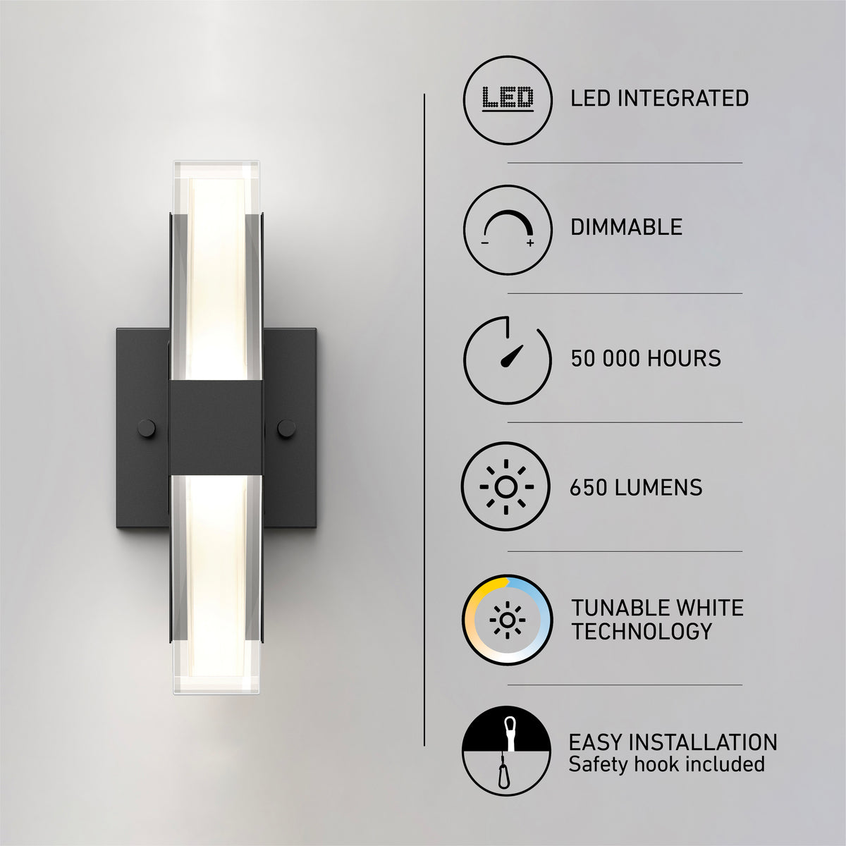 The Artika Gemini indoor-outdoor LED wall light is shown beside icons and text highlighting its features: integrated LED, dimmable, 50,000-hour lifespan, 650 lumens, tunable white technology, and easy installation with a safety hook.