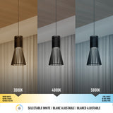 A single pendant light is shown emitting three different color temperatures: warm white (3000K), neutral white (4000K), and cool white (5000K), demonstrating selectable white lighting options.