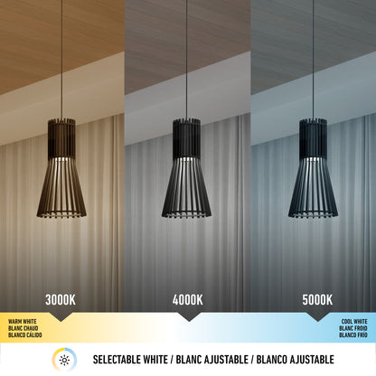 The Artika Kiyo modern LED pendant 3 CCT is shown illuminating a room in three white color temperatures—3000K warm, 4000K neutral, and 5000K cool—with a color temperature scale and description displayed below.