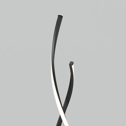The Artika Swirl modern LED floor lamp features two intersecting, curved black metal arms that emit a soft white light, set against a plain light gray background.